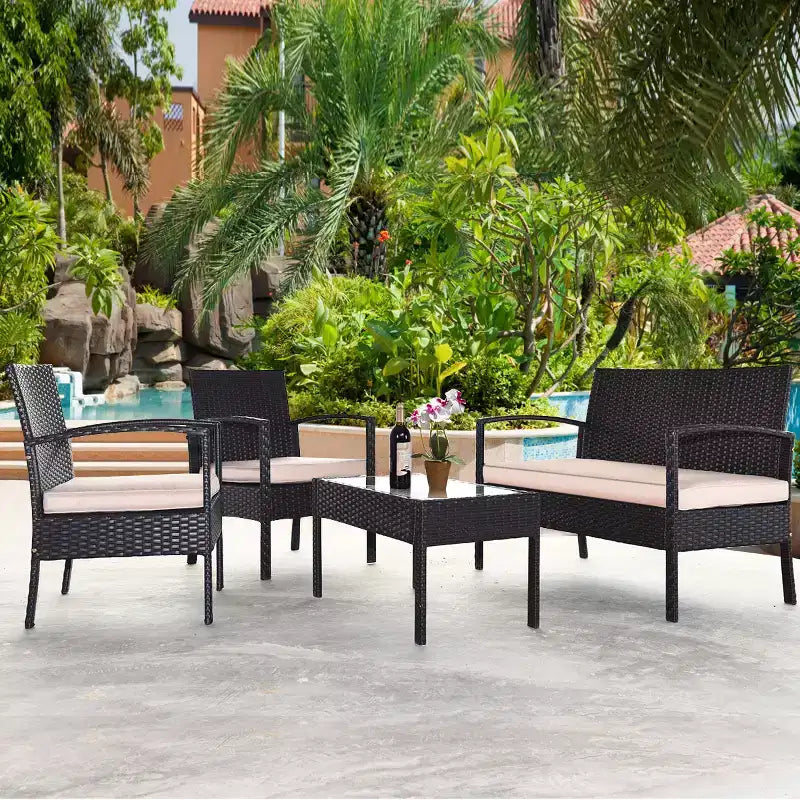 Costway Ensemble de Meubles de Conversation de Jardin en Rotin 8 Pièces avec Coussins et Table en Verre