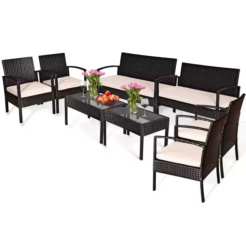 Costway Ensemble de Meubles de Conversation de Jardin en Rotin 8 Pièces avec Coussins et Table en Verre