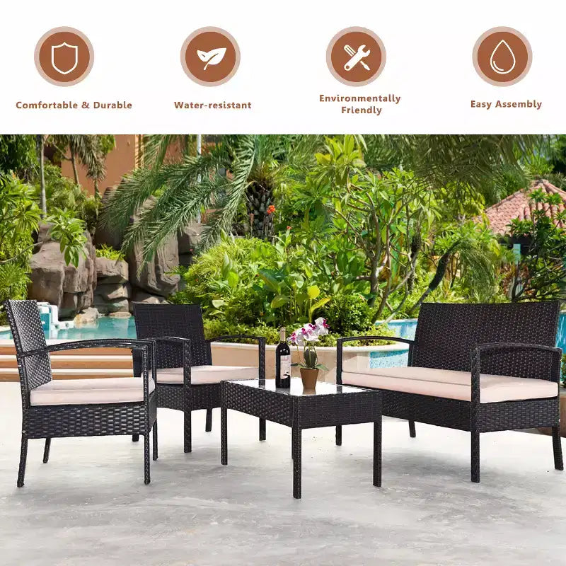 Costway Ensemble de Meubles de Conversation de Jardin en Rotin 8 Pièces avec Coussins et Table en Verre
