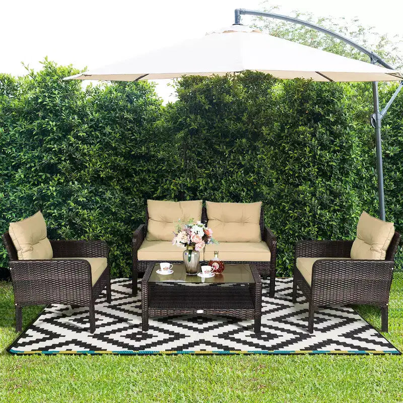 Costway 4PCS Patio Rattan Furniture Set Loveseat Sofa Coffee Table Sofa w/Cushion Garden