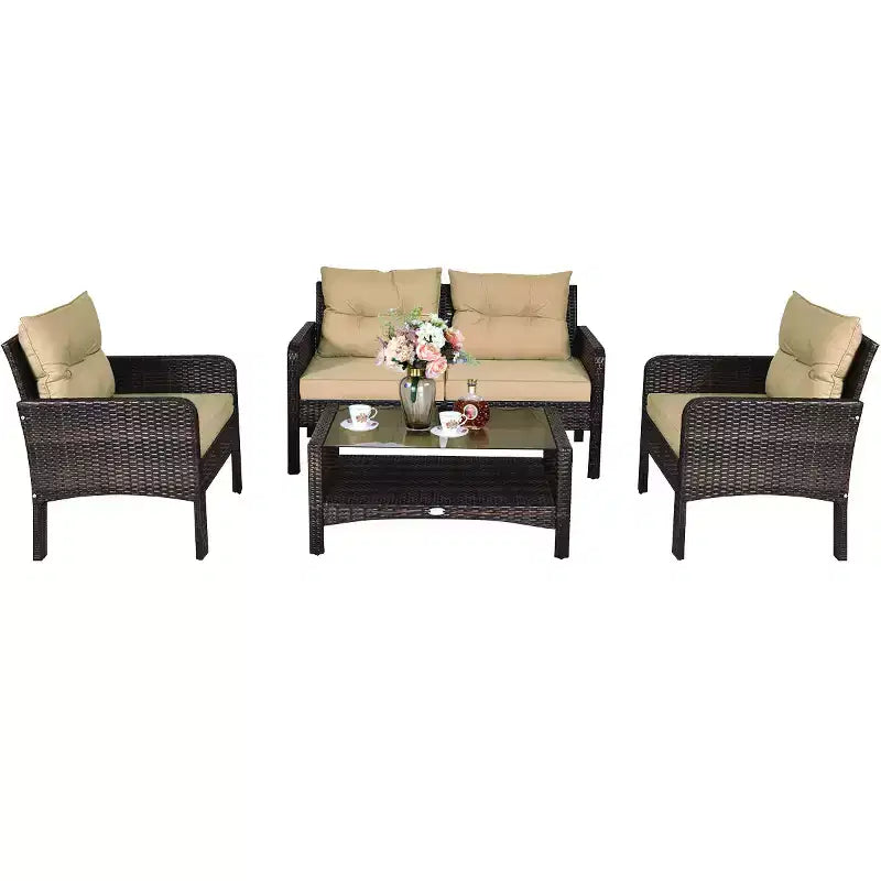 Costway Salon de Jardin 4 Pièces en Rotin Canapé Table Basse avec Coussins Extérieur