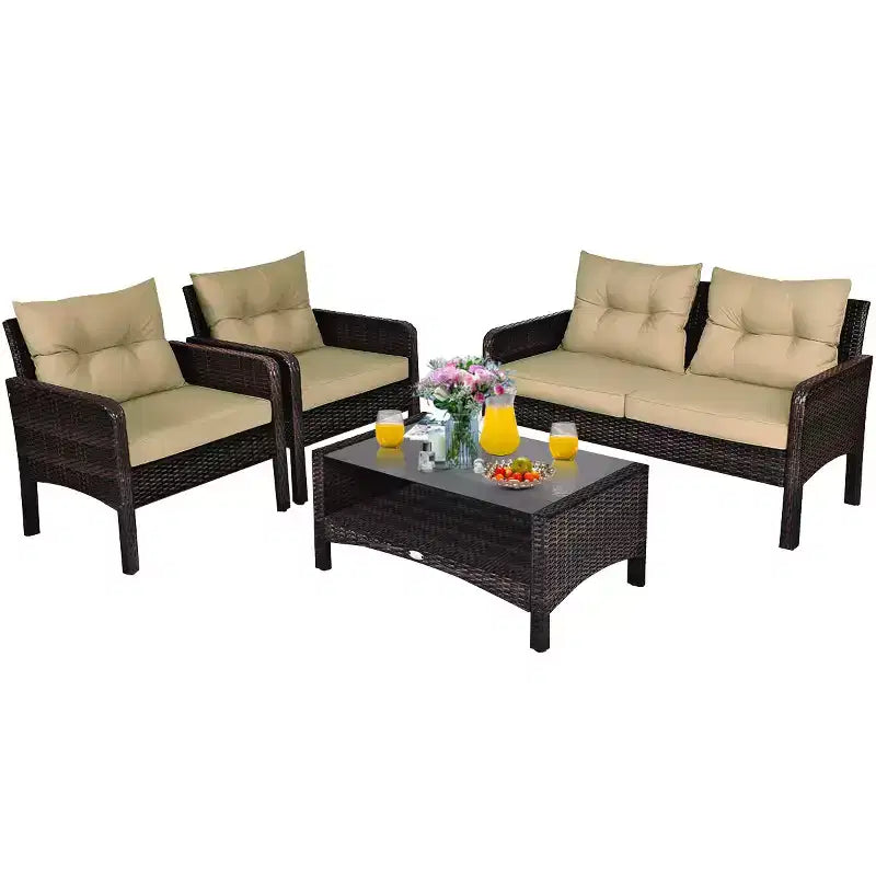 Costway Salon de Jardin 4 Pièces en Rotin Canapé Table Basse avec Coussins Extérieur