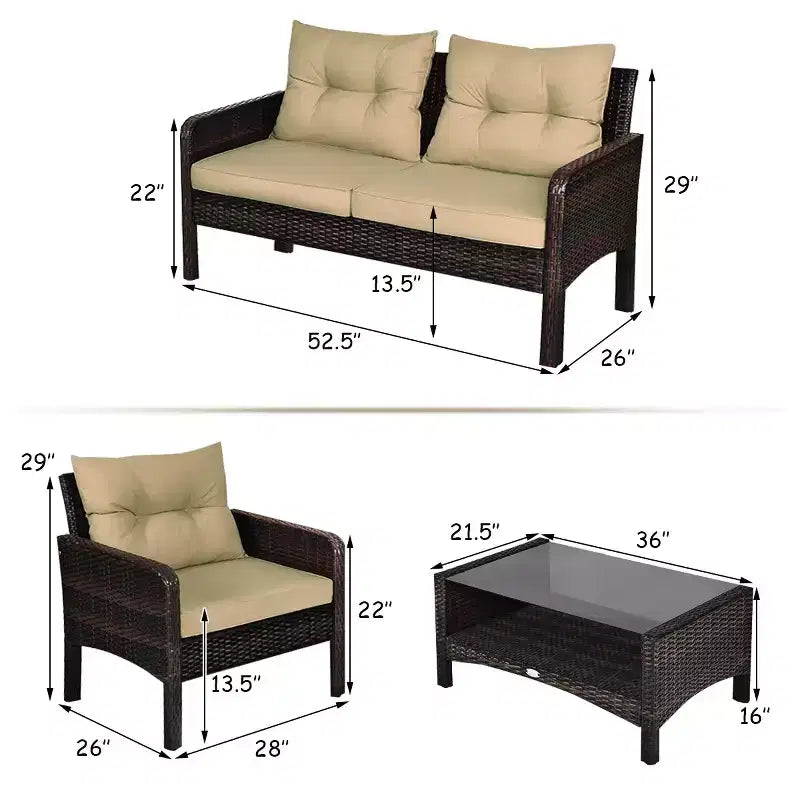 Costway Salon de Jardin 4 Pièces en Rotin Canapé Table Basse avec Coussins Extérieur