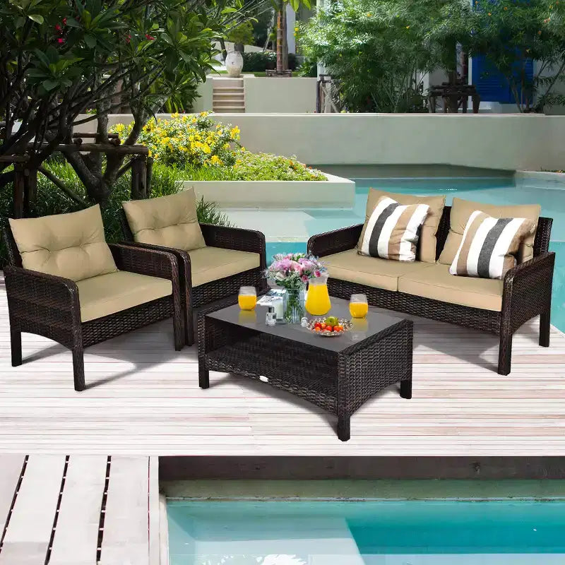 Costway Salon de Jardin 4 Pièces en Rotin Canapé Table Basse avec Coussins Extérieur