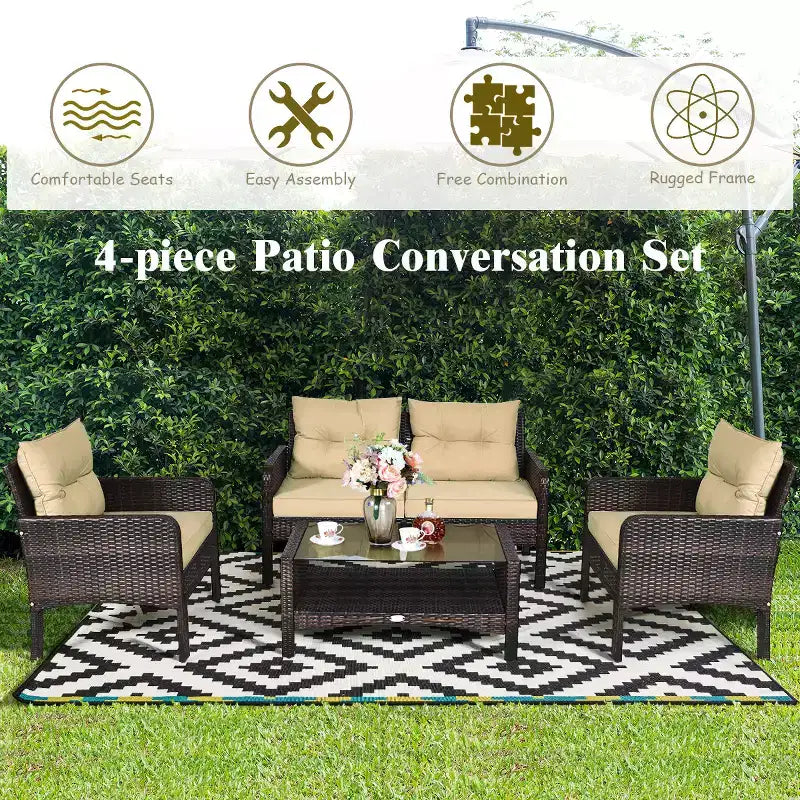 Costway Salon de Jardin 4 Pièces en Rotin Canapé Table Basse avec Coussins Extérieur