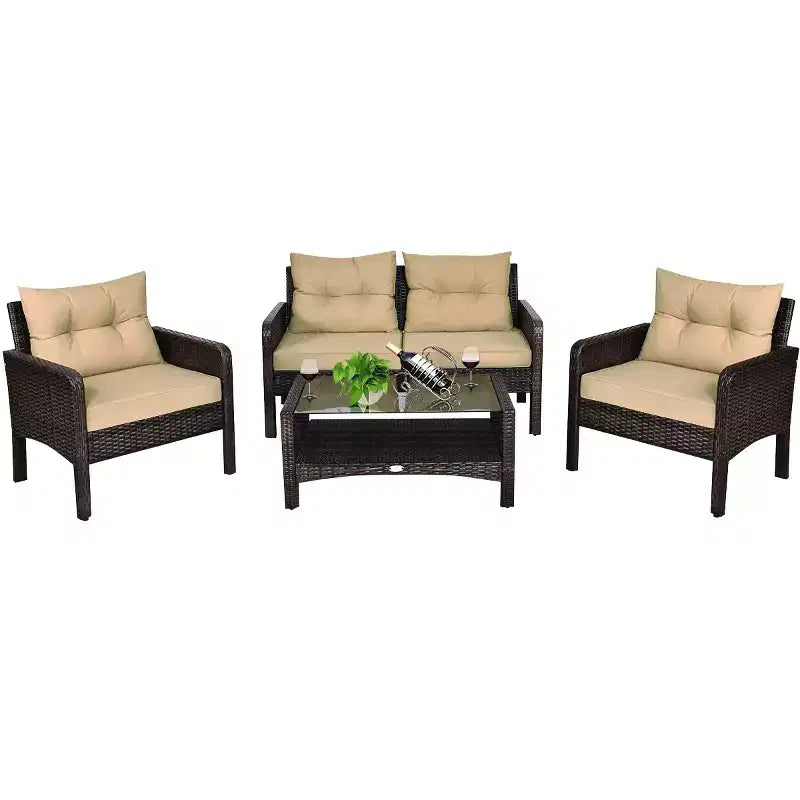 Costway Salon de Jardin 4 Pièces en Rotin Canapé Table Basse avec Coussins Extérieur