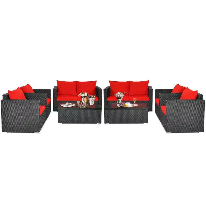 Costway Ensemble mobilier de jardin en rotin 8 pièces, canapé rembourré, chaise, table basse Turquoise/Rouge/Noir