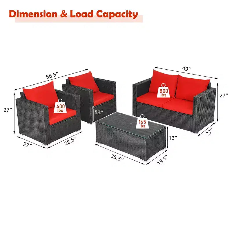 Costway Ensemble mobilier de jardin en rotin 8 pièces, canapé rembourré, chaise, table basse Turquoise/Rouge/Noir