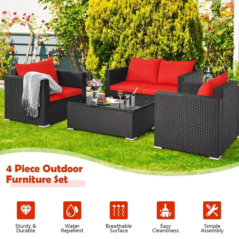 Costway Ensemble mobilier de jardin en rotin 8 pièces, canapé rembourré, chaise, table basse Turquoise/Rouge/Noir