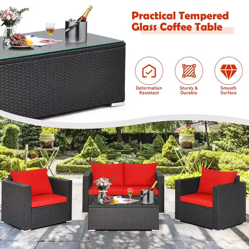 Costway Ensemble mobilier de jardin en rotin 8 pièces, canapé rembourré, chaise, table basse Turquoise/Rouge/Noir