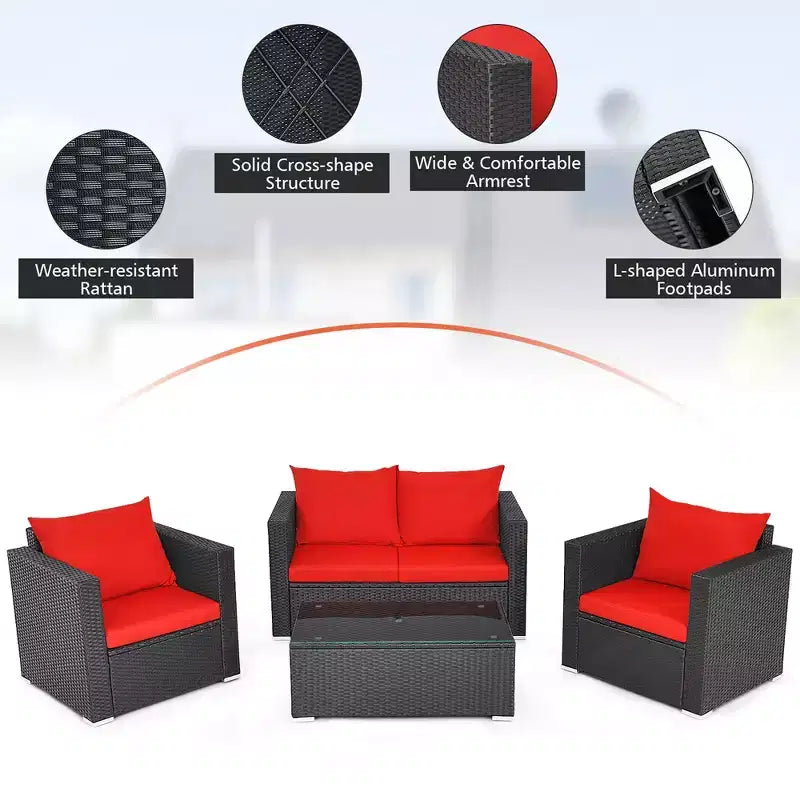 Costway Ensemble mobilier de jardin en rotin 8 pièces, canapé rembourré, chaise, table basse Turquoise/Rouge/Noir
