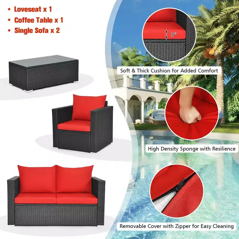 Costway Ensemble mobilier de jardin en rotin 8 pièces, canapé rembourré, chaise, table basse Turquoise/Rouge/Noir