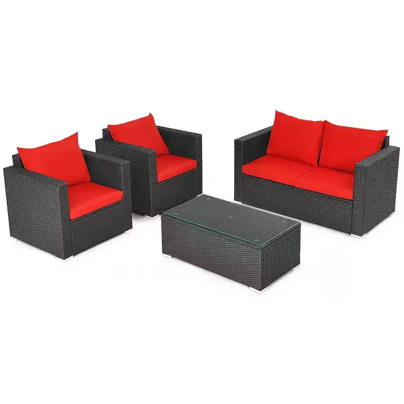 Costway Ensemble mobilier de jardin en rotin 8 pièces, canapé rembourré, chaise, table basse Turquoise/Rouge/Noir
