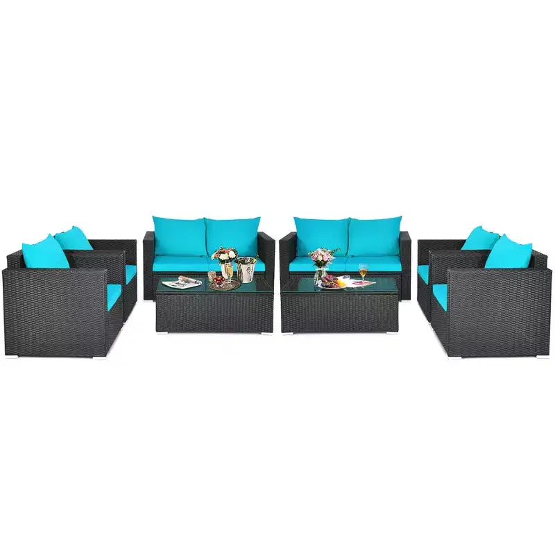 Costway Ensemble mobilier de jardin en rotin 8 pièces, canapé rembourré, chaise, table basse Turquoise/Rouge/Noir