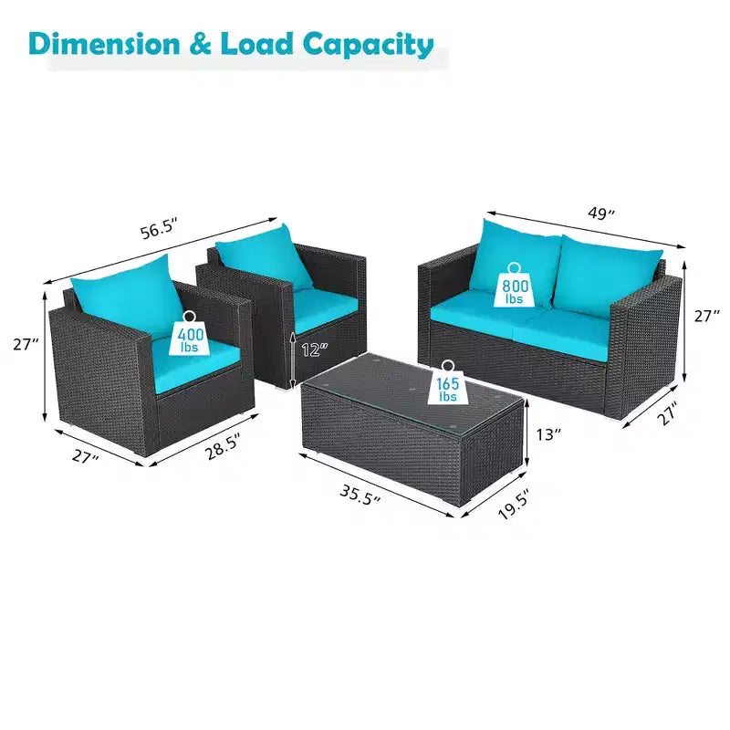 Costway Ensemble mobilier de jardin en rotin 8 pièces, canapé rembourré, chaise, table basse Turquoise/Rouge/Noir