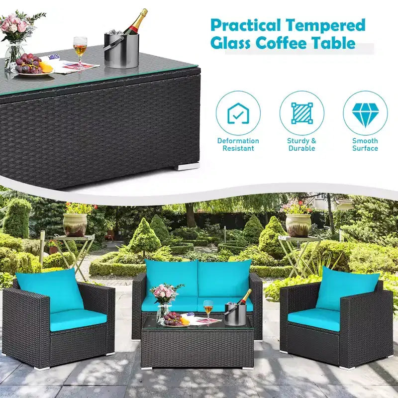 Costway Ensemble mobilier de jardin en rotin 8 pièces, canapé rembourré, chaise, table basse Turquoise/Rouge/Noir