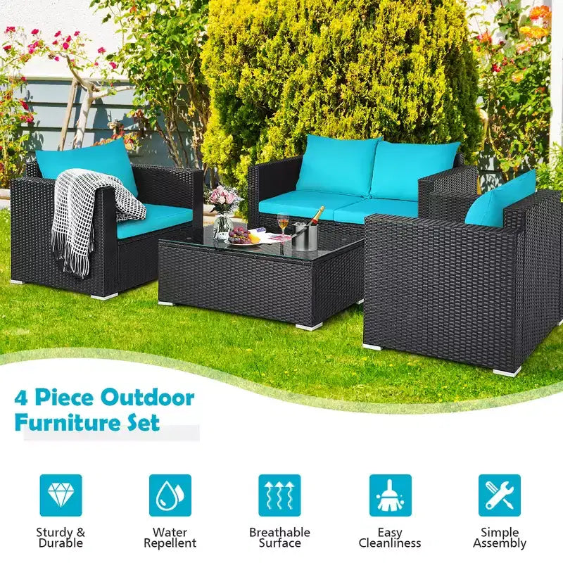 Costway Ensemble mobilier de jardin en rotin 8 pièces, canapé rembourré, chaise, table basse Turquoise/Rouge/Noir