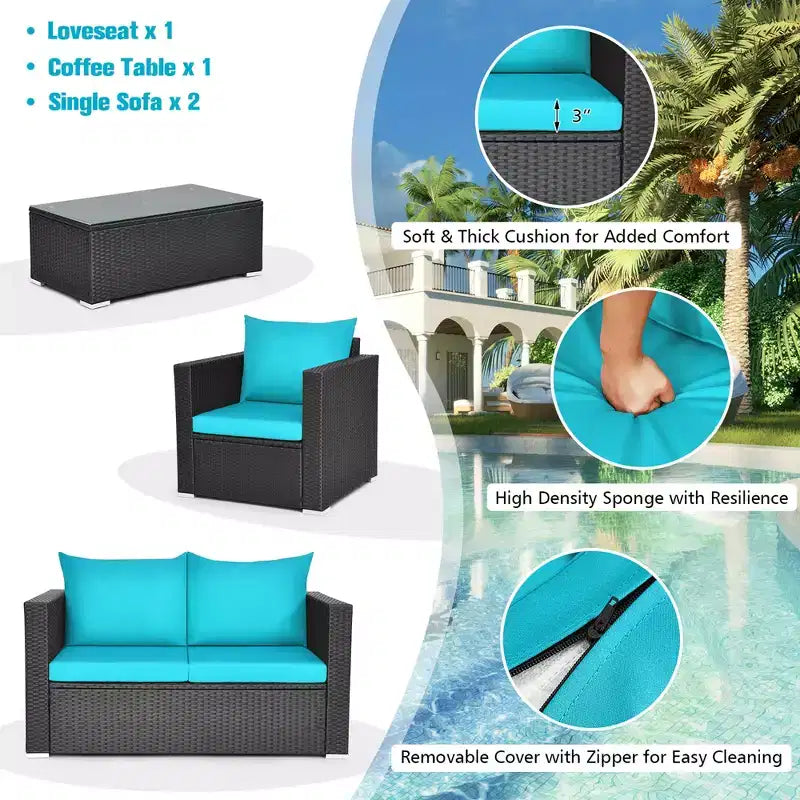 Costway Ensemble mobilier de jardin en rotin 8 pièces, canapé rembourré, chaise, table basse Turquoise/Rouge/Noir