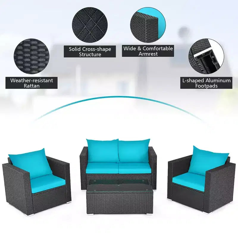 Costway Ensemble mobilier de jardin en rotin 8 pièces, canapé rembourré, chaise, table basse Turquoise/Rouge/Noir