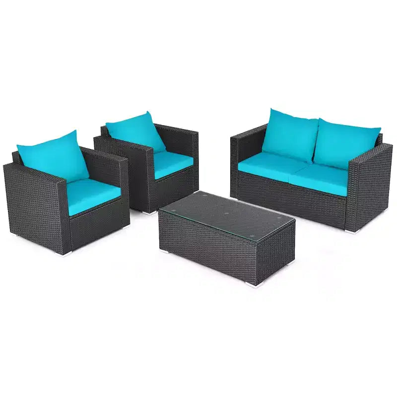 Costway Ensemble mobilier de jardin en rotin 8 pièces, canapé rembourré, chaise, table basse Turquoise/Rouge/Noir