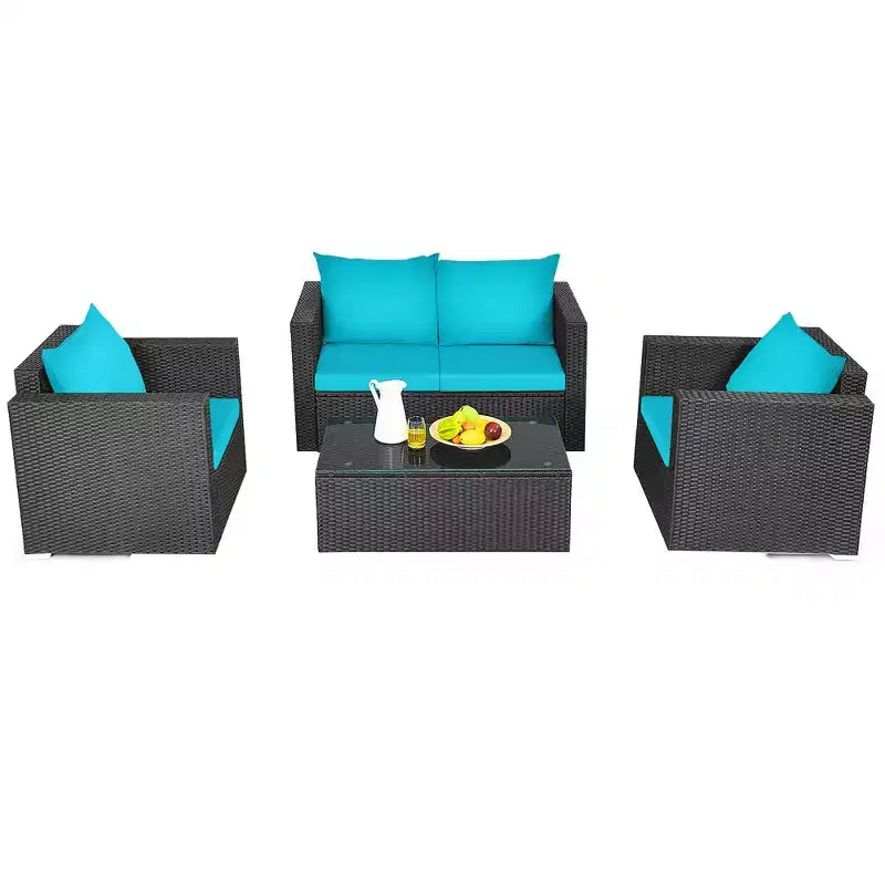 Costway Ensemble mobilier de jardin en rotin 8 pièces, canapé rembourré, chaise, table basse Turquoise/Rouge/Noir