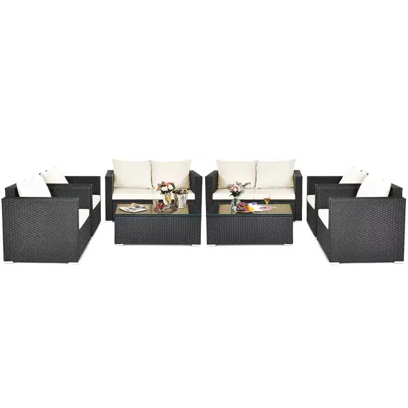 Costway Ensemble mobilier de jardin en rotin 8 pièces, canapé rembourré, chaise, table basse Turquoise/Rouge/Noir