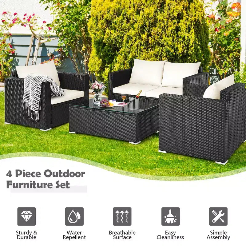 Costway Ensemble mobilier de jardin en rotin 8 pièces, canapé rembourré, chaise, table basse Turquoise/Rouge/Noir
