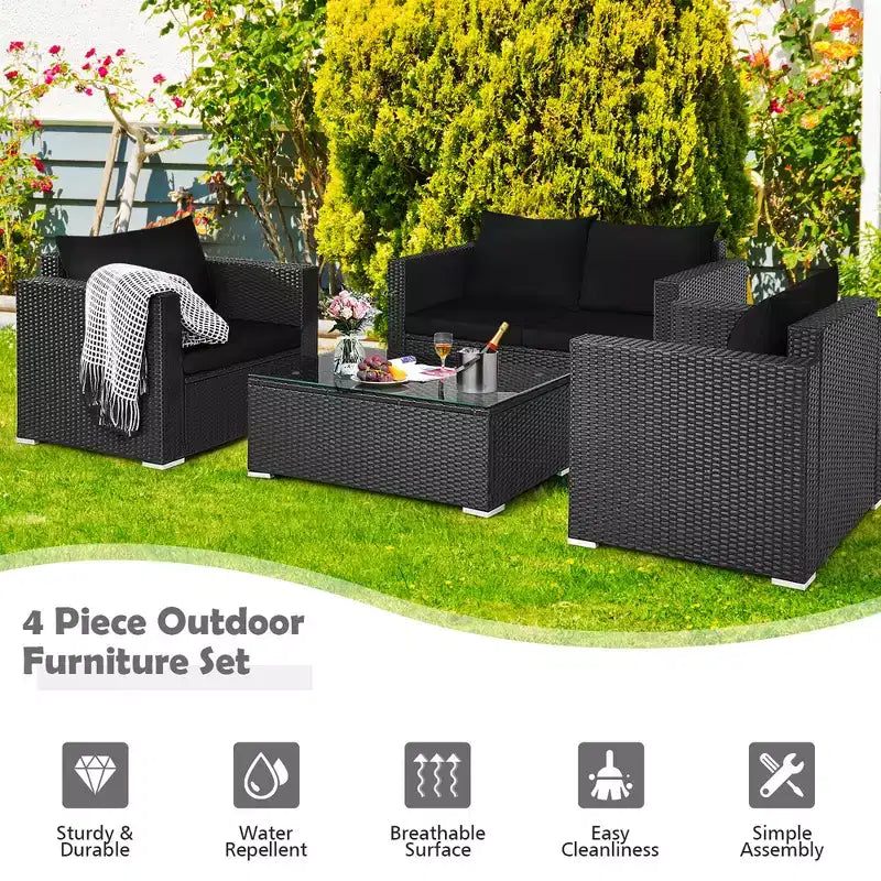Costway Ensemble mobilier de jardin en rotin 8 pièces, canapé rembourré, chaise, table basse Turquoise/Rouge/Noir