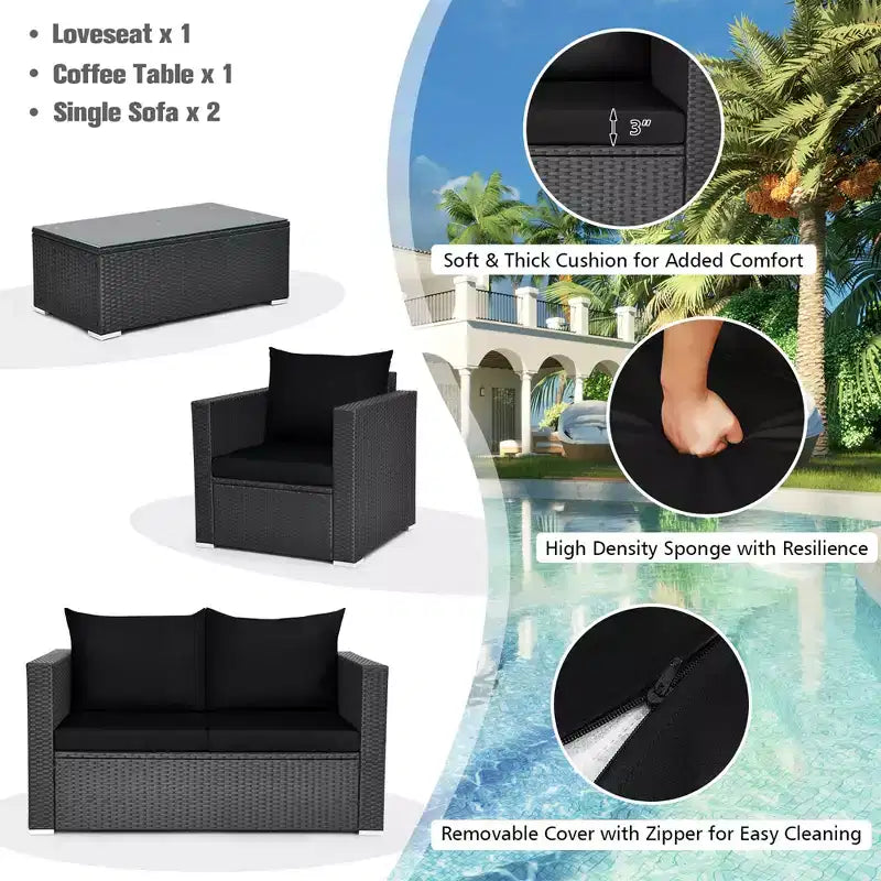Costway Ensemble mobilier de jardin en rotin 8 pièces, canapé rembourré, chaise, table basse Turquoise/Rouge/Noir