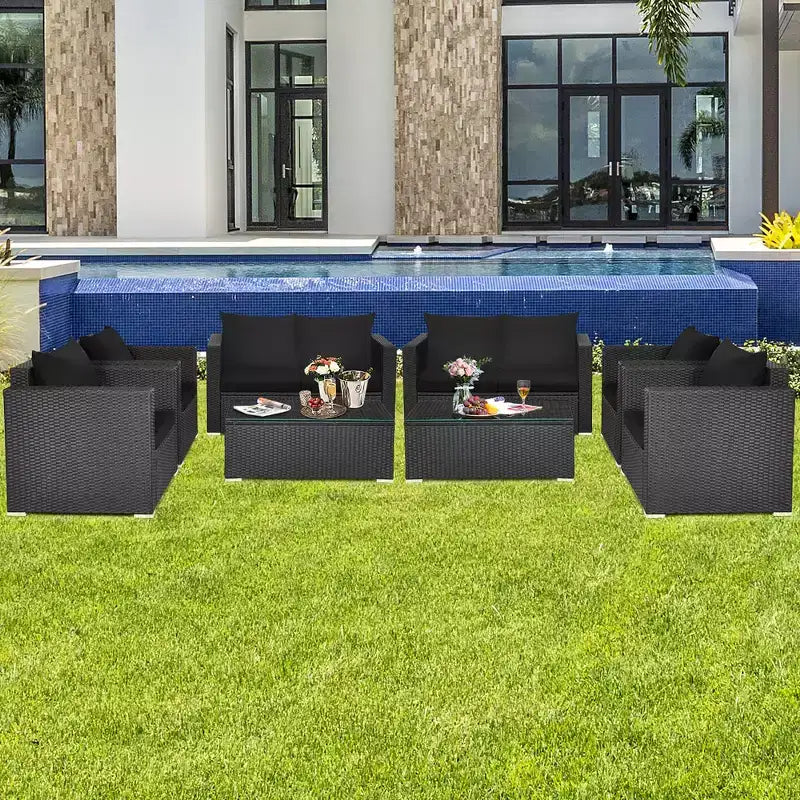 Costway 8PCS Patio Rattan Furniture Set Cushioned Sofa Chair Coffee Table Turquoise\Red\Black