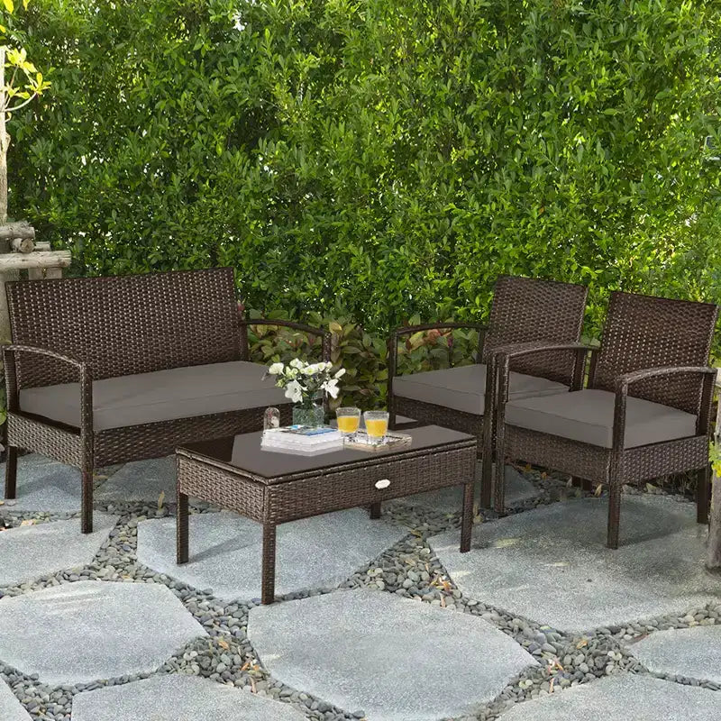 Costway Ensemble de Conversation de Patio en Rotin 8 Pièces Meubles d'Extérieur de Jardin avec Coussin