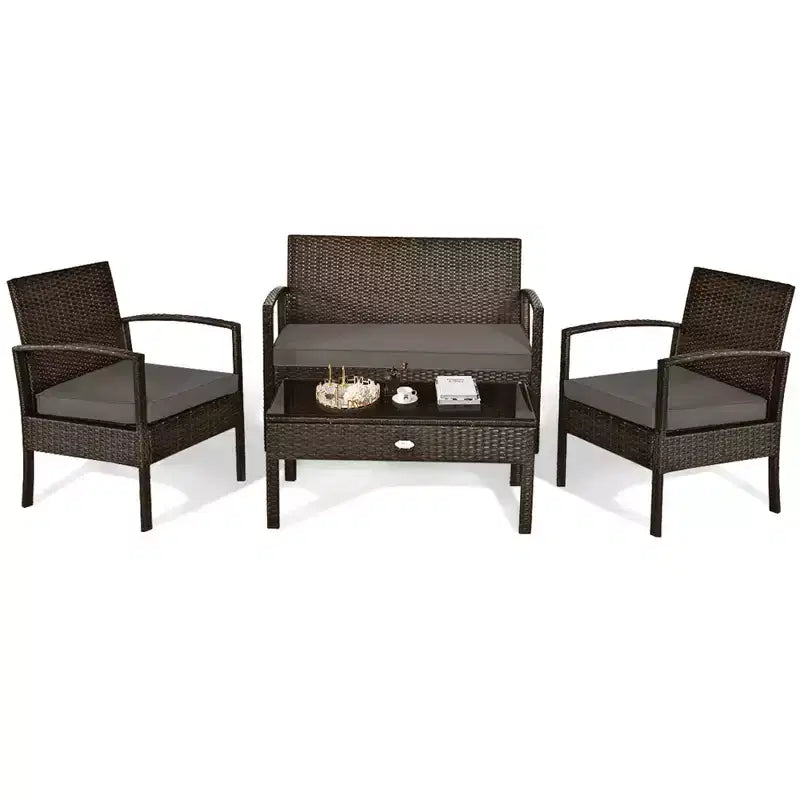 Costway Ensemble de Conversation de Patio en Rotin 8 Pièces Meubles d'Extérieur de Jardin avec Coussin
