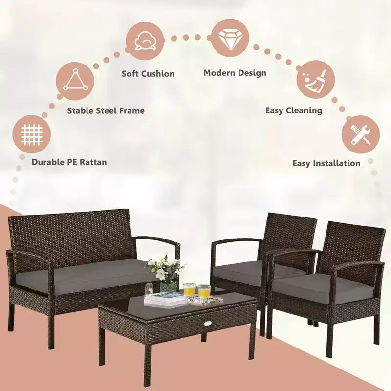 Costway Ensemble de Conversation de Patio en Rotin 8 Pièces Meubles d'Extérieur de Jardin avec Coussin
