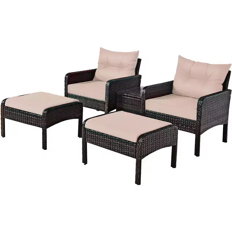 Ensemble de meubles 5 pièces Costway en rotin et osier avec canapé, ottoman et coussins marron pour terrasse et jardin