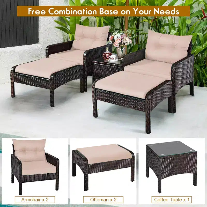 Ensemble de meubles 5 pièces Costway en rotin et osier avec canapé, ottoman et coussins marron pour terrasse et jardin