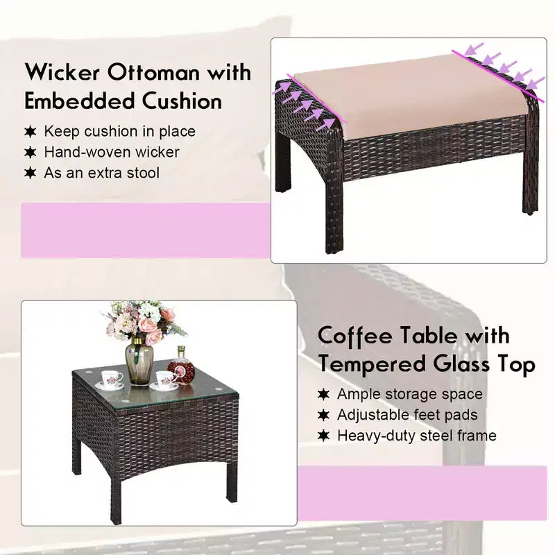 Ensemble de meubles 5 pièces Costway en rotin et osier avec canapé, ottoman et coussins marron pour terrasse et jardin