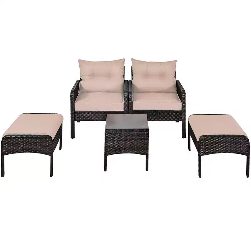 Ensemble de meubles 5 pièces Costway en rotin et osier avec canapé, ottoman et coussins marron pour terrasse et jardin