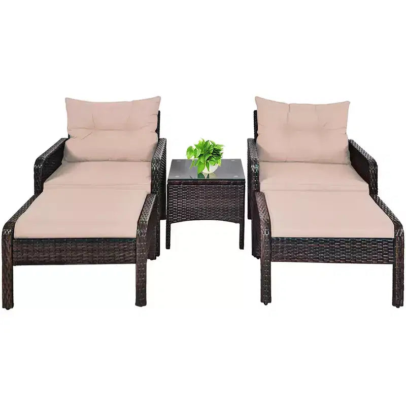 Ensemble de meubles 5 pièces Costway en rotin et osier avec canapé, ottoman et coussins marron pour terrasse et jardin
