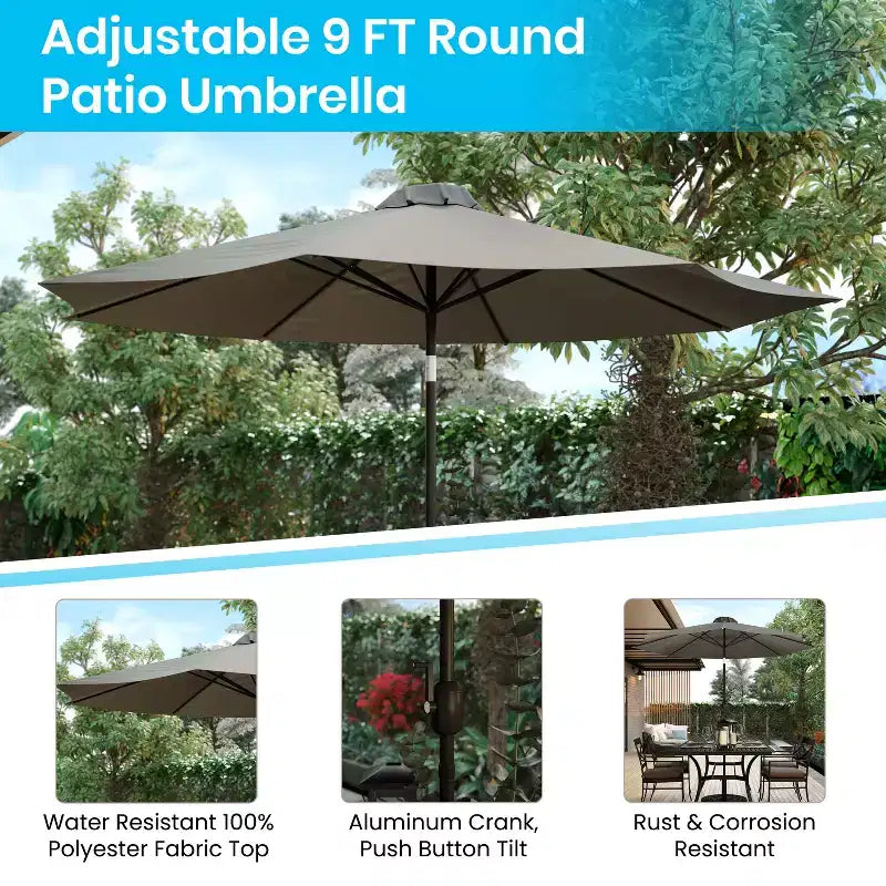 Ensemble table de patio 5 pièces Emma et Oliver - 2 chaises empilables en faux teck synthétique - Table en faux teck - Parasol avec base