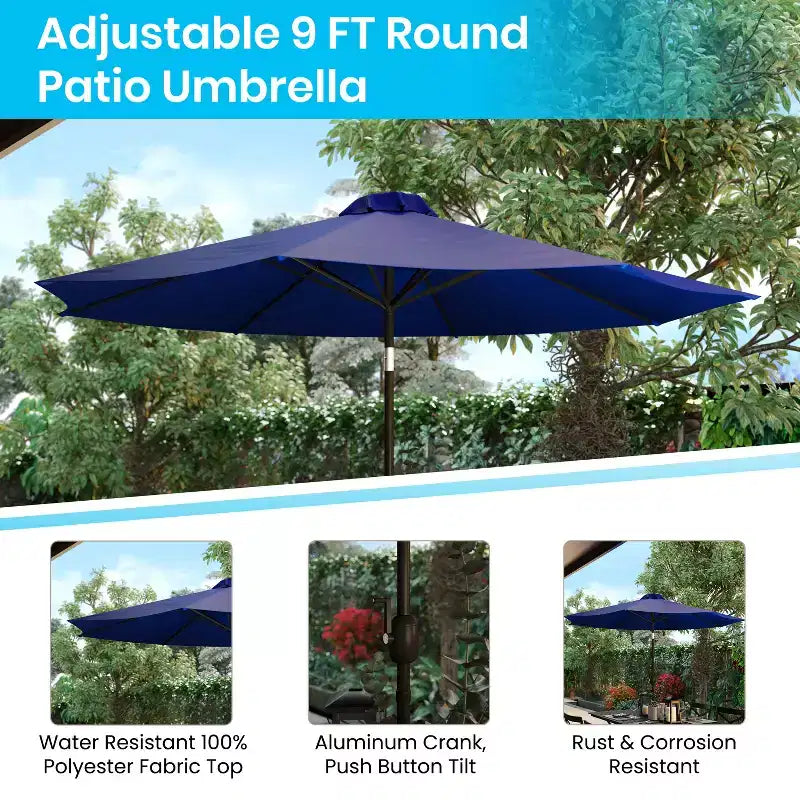 Ensemble table de patio 5 pièces Emma et Oliver - 2 chaises empilables en faux teck synthétique - Table en faux teck - Parasol avec base