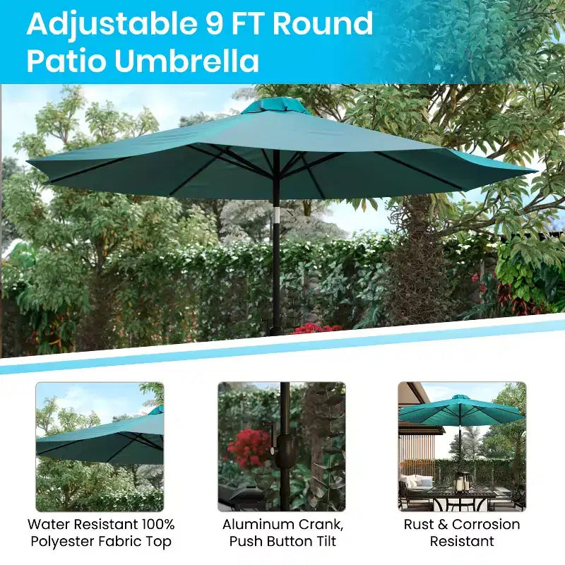 Ensemble table de patio 5 pièces Emma et Oliver - 2 chaises empilables en faux teck synthétique - Table en faux teck - Parasol avec base