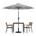 Emma and Oliver 5 Piece Patio Table Set - 2 Synthetic Faux Teak Stackable Chairs - Faux Teak Table - Umbrella with Base