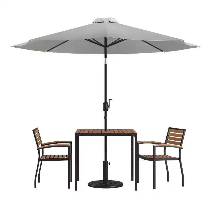 Emma and Oliver 5 Piece Patio Table Set - 2 Synthetic Faux Teak Stackable Chairs - Faux Teak Table - Umbrella with Base