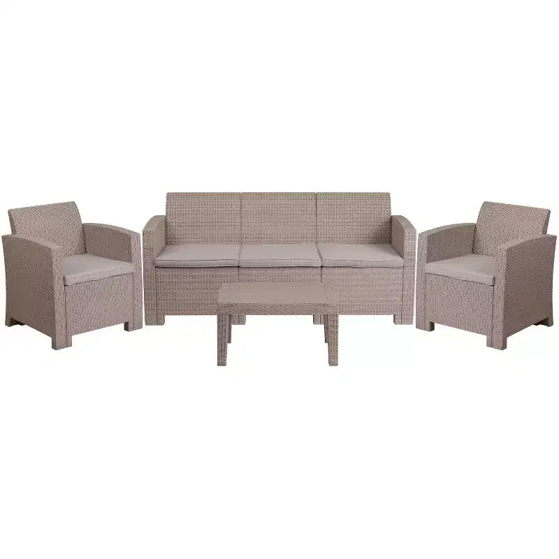Merrick Lane 4 Piece Faux Rattan Patio Furniture Set with 2 Chairs and Sofa with Removable Beige Cushions and Table