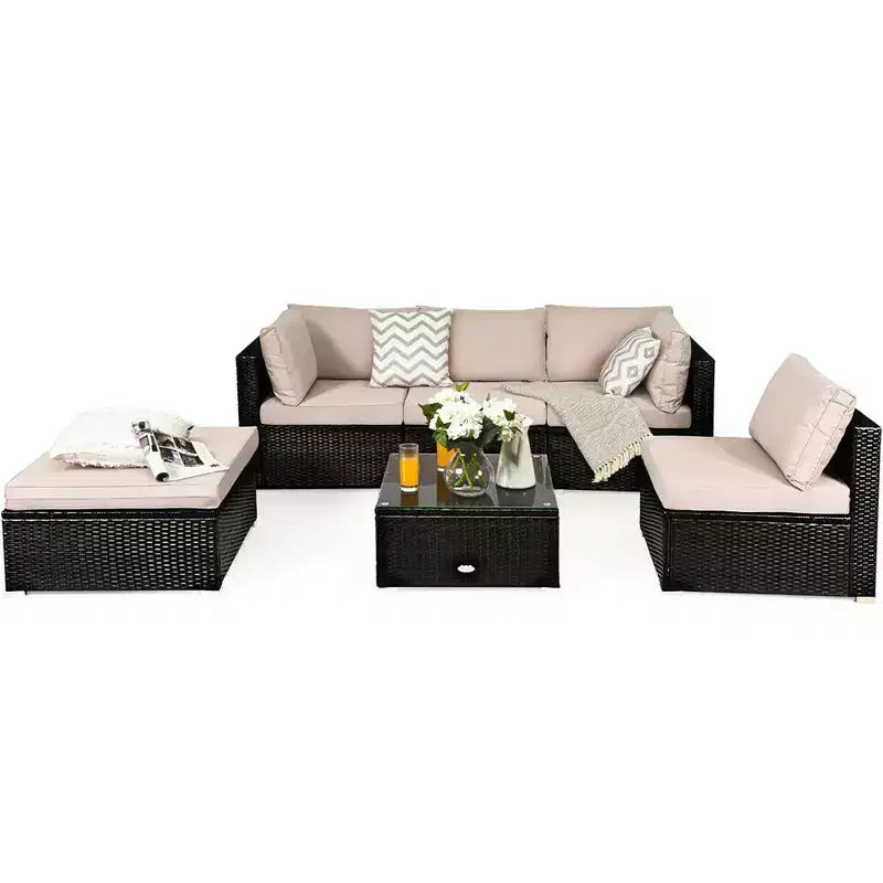 Costway Salon de jardin 6 pièces en rotin avec canapé modulable et pouf rembourré