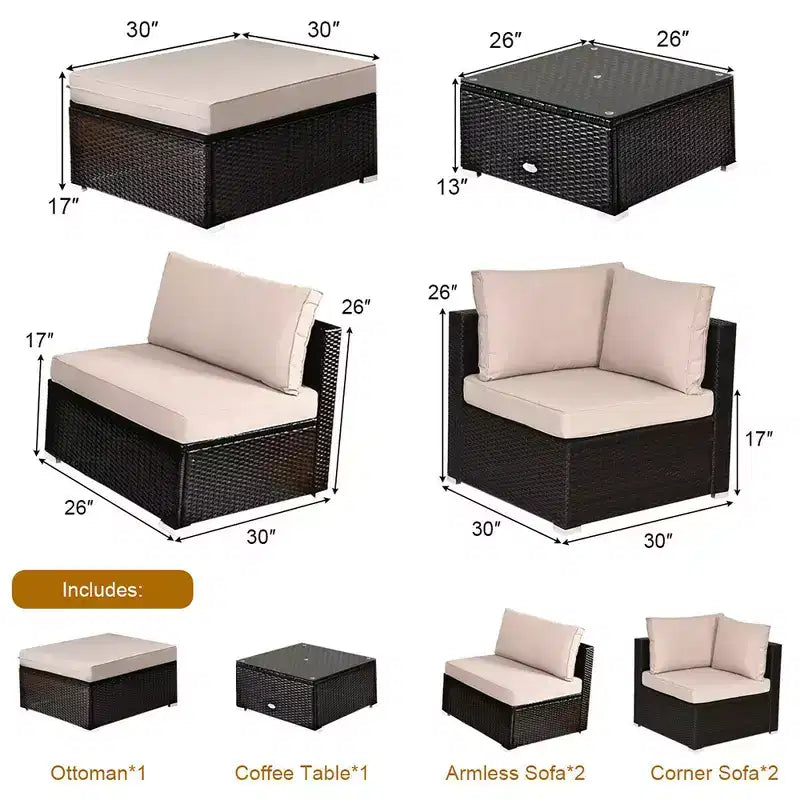 Costway Salon de jardin 6 pièces en rotin avec canapé modulable et pouf rembourré