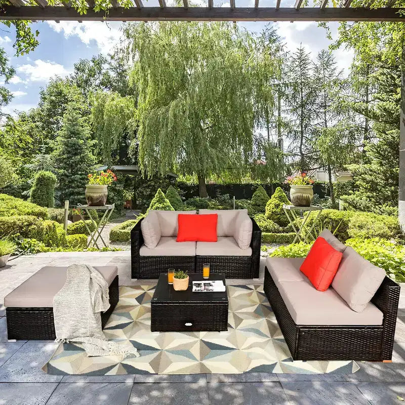 Costway Salon de jardin 6 pièces en rotin avec canapé modulable et pouf rembourré