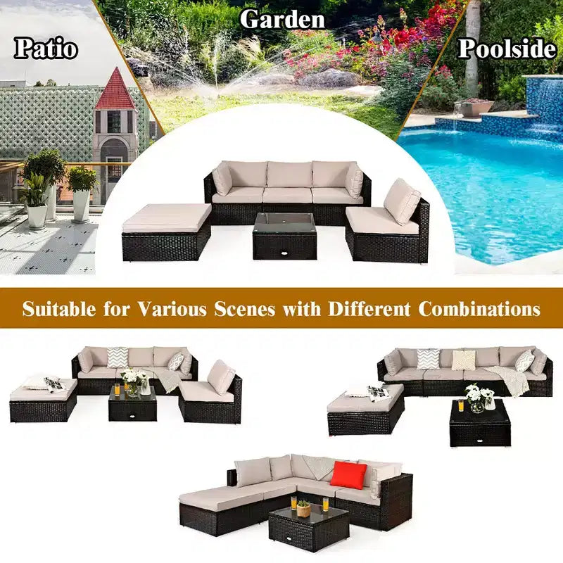 Costway Salon de jardin 6 pièces en rotin avec canapé modulable et pouf rembourré