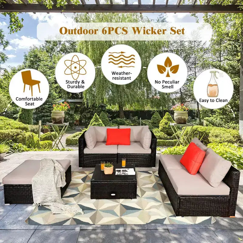 Costway Salon de jardin 6 pièces en rotin avec canapé modulable et pouf rembourré