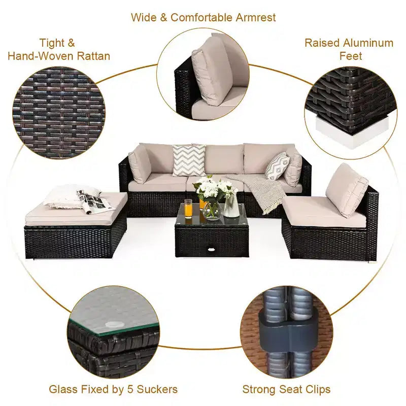 Costway Salon de jardin 6 pièces en rotin avec canapé modulable et pouf rembourré